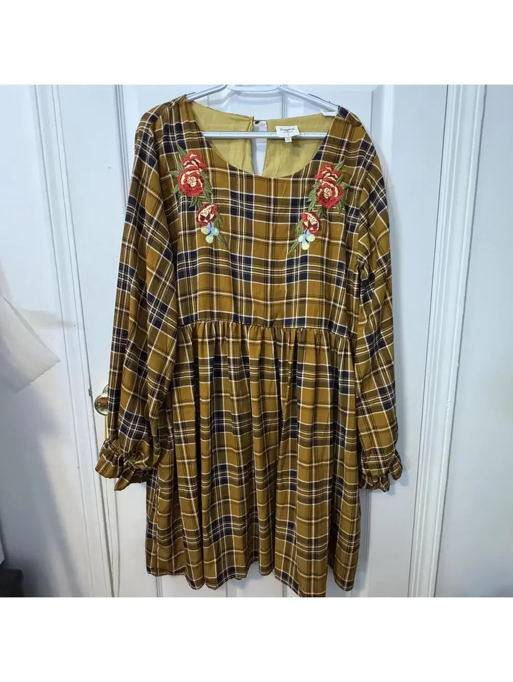 Hayden Mustard Plaid Dress with Floral Embroidery 2XL - Picture 1 of 6